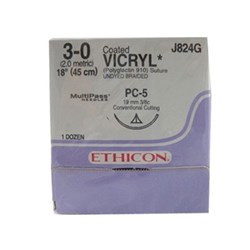 SUTURE Ethicon Vicryl 19mm 3/0 PC5 3/8 circle conv cut x 12
