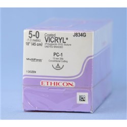 SUTURE Ethicon Vicryl 13mm 5/0 PC1 3/8 circle conv cut x12