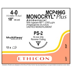 Johnson & Johnson Monocryl Plus Suture, Antibacterial poliglecaprone 25, Undyed, 4/0, 19mm, 3/8 Reverse Cutting, 12-Pack