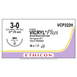 Johnson & Johnson Suture Vicryl Plus, 3/0, 36mm, MH, 1/2 Circle Taper Point, 36-Pack