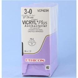 Johnson & Johnson Suture Vicryl Plus, 19mm, 3/0, FS2, 3/8 Circle Reverse Cut, Undyed, 36-Pack