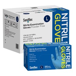 Saniflex Blue Nitrile Gloves - Powder Free - Large, 100-Pack - Carton of 10 Boxes