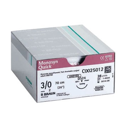 Aesculap Suture Monosyn Quick, Undyed, 3/0, HR26, 1/2 Circle Taper, 70cm x 36-Pack