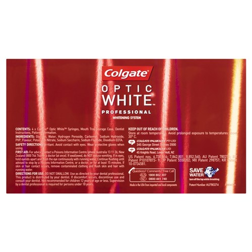 Colgate OPTIC WHITE - Professional Whitening System - Full Touch Up Kit - 9% Hydrogen Peroxide - 3.11g Syringe, 4-Pack