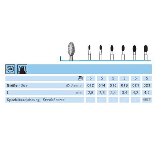 Komet Diamond Bur - 379-023 - Egg Occlusal Reduction - Straight (HP), 5-Pack