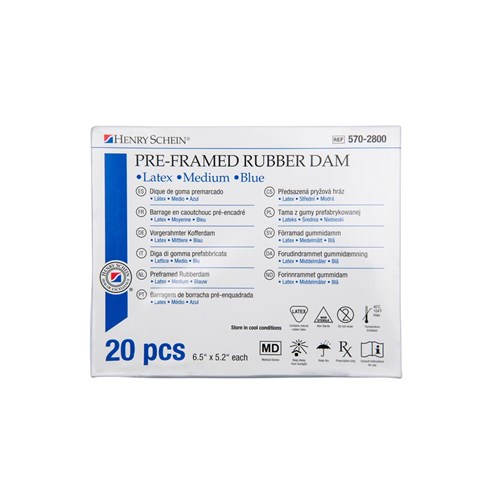 Henry Schein Framed Rubber Dam - Latex - 165mm x 132mm - Medium Blue, 20-Pack