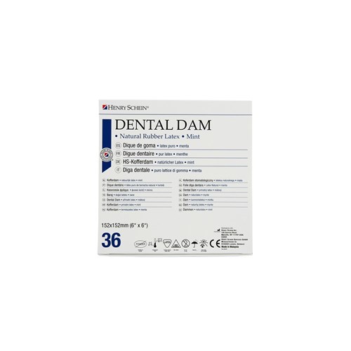 Henry Schein Rubber Dam - Latex - Heavy - Blue - Mint Flavour- 15cm x 15cm, 36-Pack