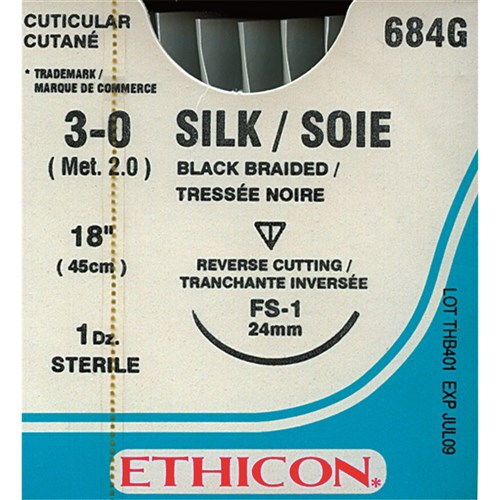 Johnson & Johnson Suture Ethicon Silk, 24mm, 3/0, FS1, 3/8 Circle Reverse Cut, 12-Pack