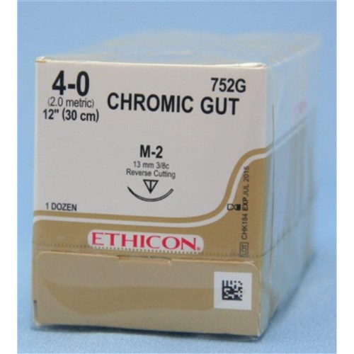 Johnson & Johnson Suture Ethicon Chromic Gut, 4/0, 13mm M2, 3/8 Circle Reverse Cut, 12-Pack