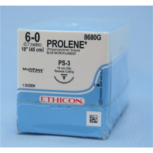 SUTURE Ethicon Prolene 16mm 6/0 PS-3 3/8 Bl Cir Revcut x12