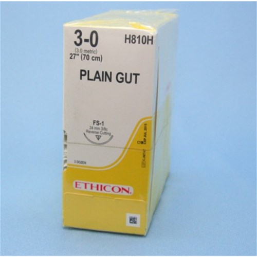 SUTURE Ethicon Plain Gut 24mm 3/0 FS1 3/8 circle rev cut x36