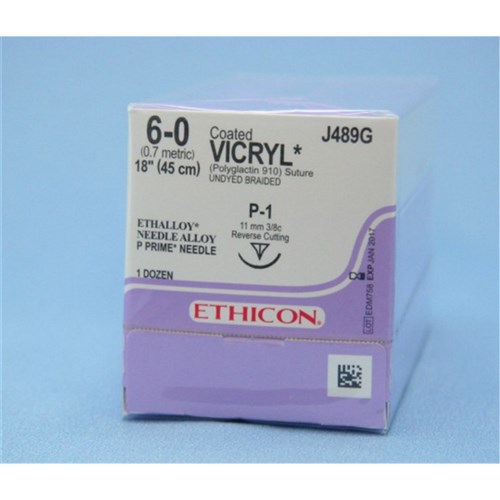 Johnson & Johnson Suture Ethicon Vicryl, 11mm, 6/0, P1, 3/8 Circle Reverse Cut, 12-Pack