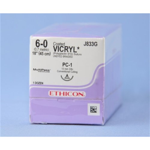 SUTURE Ethicon Vicryl 13mm 6/0 PC1 3/8 circle conv cut x12