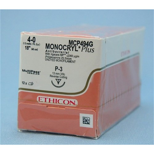 SUTURE PLUS Monocryl 13mm 4/0 P3 3/8 circle rev cut undy x12