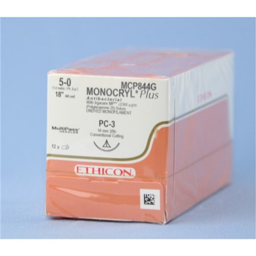 Johnson & Johnson Suture Monocryl Plus, 16mm,  5/0, PC3, 3/8 Circle Conventional Cut, Undyed, 12-Pack