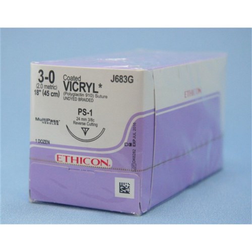 Johnson & Johnson Suture Ethicon Vicryl Rapid, 24mm, 3/0, PS1, 3/8 Circle Reverse Cut, 36-Pack