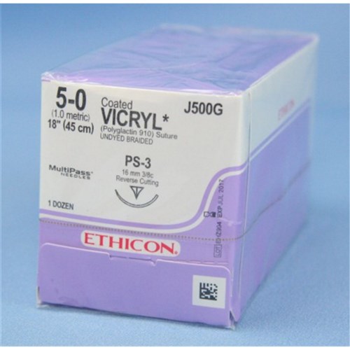 Johnson & Johnson Suture Vicryl Plus, 16mm, 5/0, PS3, 3/8 circle press cut, Undyed, 12-Pack