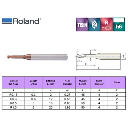 Roland DLC Ball End Mill Bur - 0.3mm