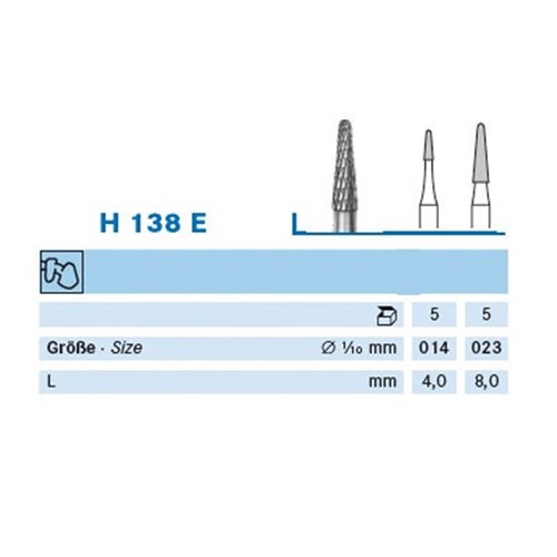 Komet Tungsten Carbide Bur - H138E-023 - Cutter Acrylic - Straight (HP), 5-Pack