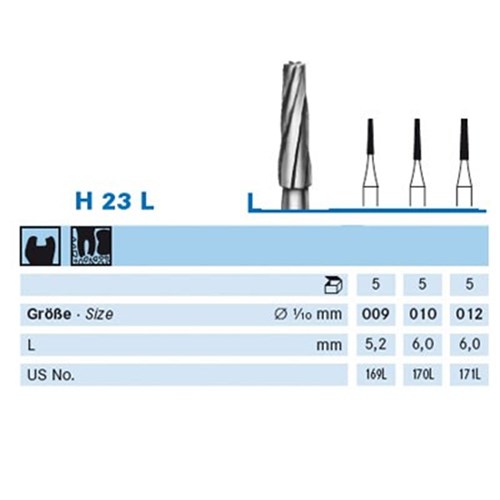 Komet Tungsten Carbide Bur - H23L-009 - Long Tapered - Straight (HP), 5-Pack