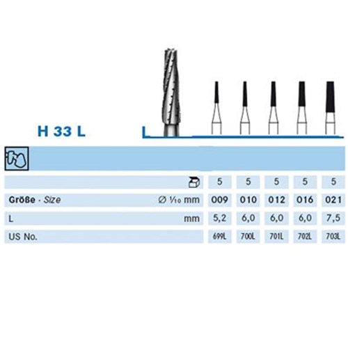 Komet Tungsten Carbide Bur - H33-010 - Tapered X Cut - Straight (HP), 5-Pack